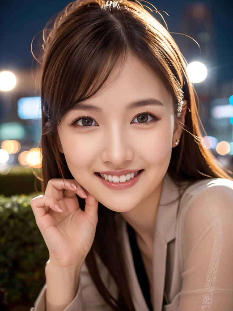 8k, (Raw photo:1.2), (Photorealsitic), Beautiful detailed, Famous popular actresses、 (Real: 1.4), extremely detailed eye and face, beatiful detailed eyes, ((Dazzling night illumination plaza:1.2)), ((Women's Suits:1.3, Ultra-realistic pantyhose:1.2))、selfee、Instagram、harsh trial, Please look at the camera and raise your hand、huge filesize, hight resolution, ighly detailed, top-quality, [​masterpiece:1.6], illustratio, ighly detailed, nsfw, finely detail, top-quality, 8k wallpaper, Cinematographic lighting, 1 milf, 19 year old, perfect body type, Beautiful big drooping eyes、Pieckfinger, ((masutepiece)), Best Quality, eye shadow,  high-heels、Portrait、(Very affectionate smile:1.2)、realistic skin textures、shinny skin、Exposed thighs, low angle photo, inverted nipples,