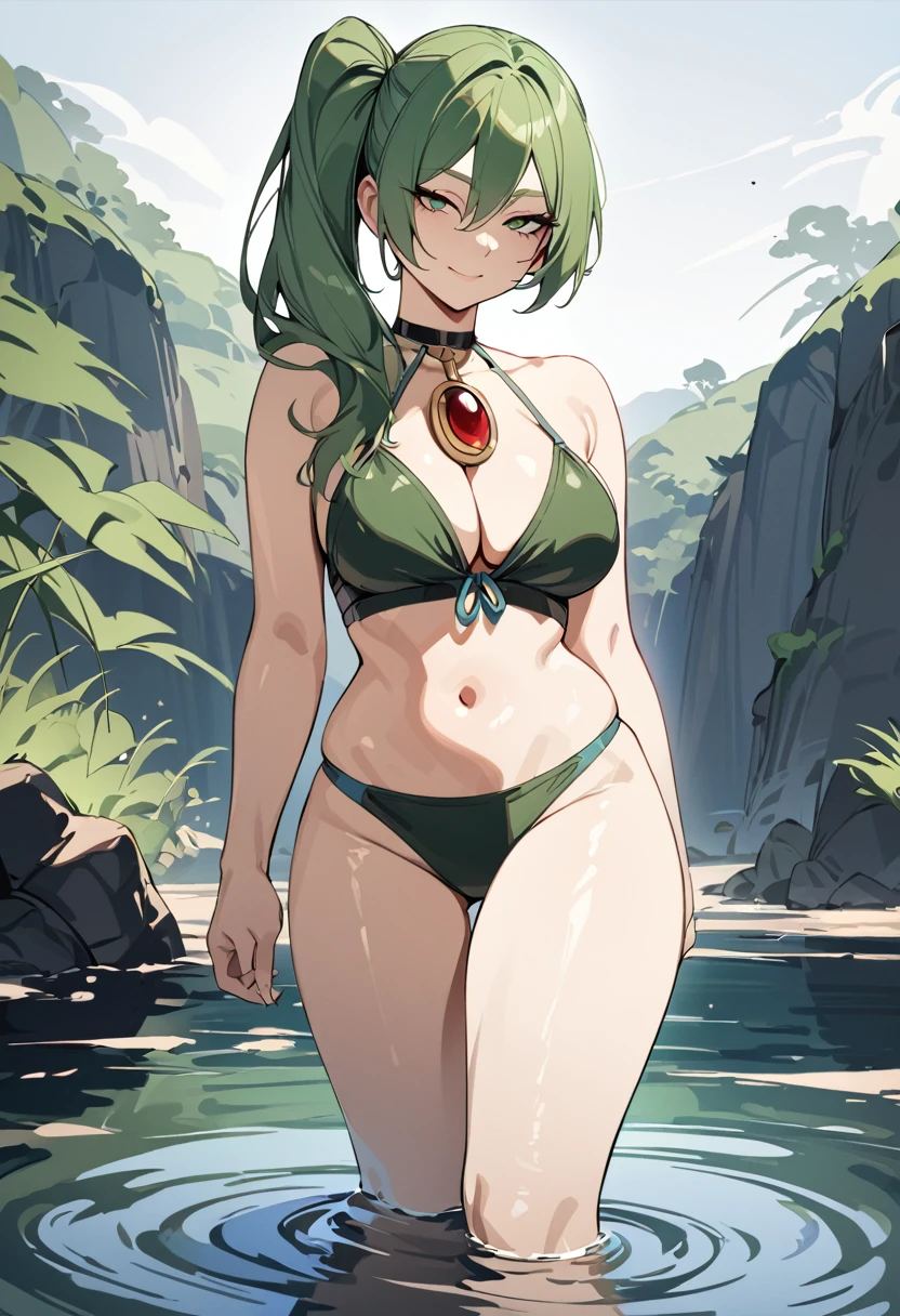 Masterpiece, best quality, absurdes, 4k, 1girl, Übel, from frieren, dark green hair, side ponytail, bangs, amulet, bikini, wide hips, busty, small waist, standing in a lake, seductive smile, from front, looking at viewer,