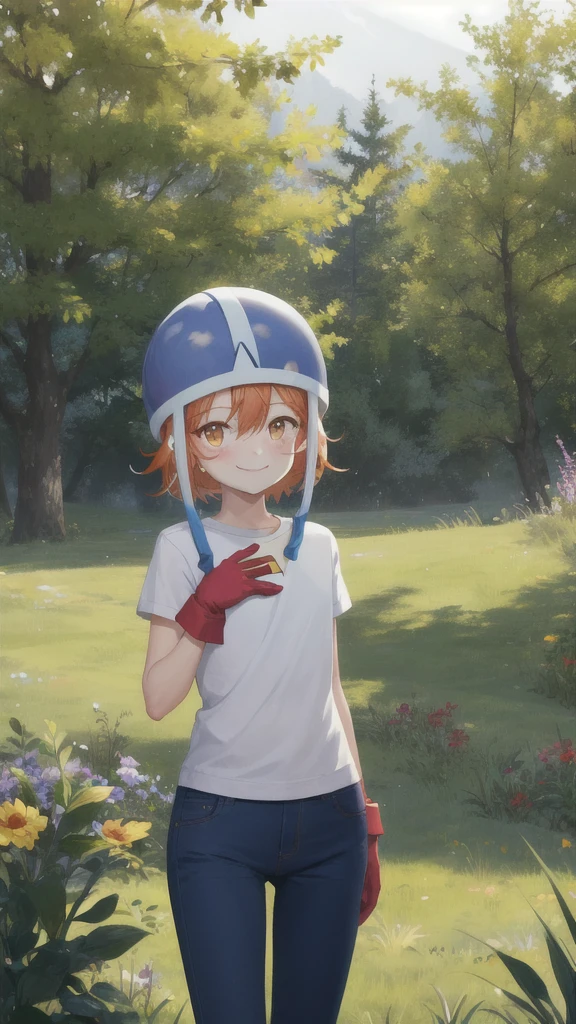 masterpiece, Highest quality, High resolution,
Soladef, One , alone, blush, smile, short hair, Orange Hair, Helmet, Orange eyes, Digimon,
yellow shirt, shirt, No sleeve, pants, jeans, Red gloves,
Cowboy Shot, View your viewers, Upright immobile posture, Outdoor, Grass, Field, forest, sunlight, null, blue null, 