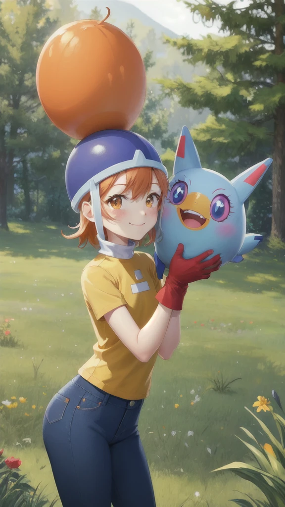 masterpiece, Highest quality, High resolution,
Soladef, One , alone, blush, smile, short hair, Orange Hair, Helmet, Orange eyes, Digimon,
yellow shirt, shirt, No sleeve, pants, jeans, Red gloves,
Cowboy Shot, View your viewers, Upright immobile posture, Outdoor, Grass, Field, forest, sunlight, null, blue null, 