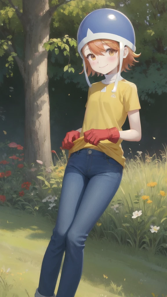 masterpiece, Highest quality, High resolution,
Soladef, One , alone, blush, smile, short hair, Orange Hair, Helmet, Orange eyes, Digimon,
yellow shirt, shirt, No sleeve, pants, jeans, Red gloves,
Cowboy Shot, View your viewers, Upright immobile posture, Outdoor, Grass, Field, forest, sunlight, null, blue null, 