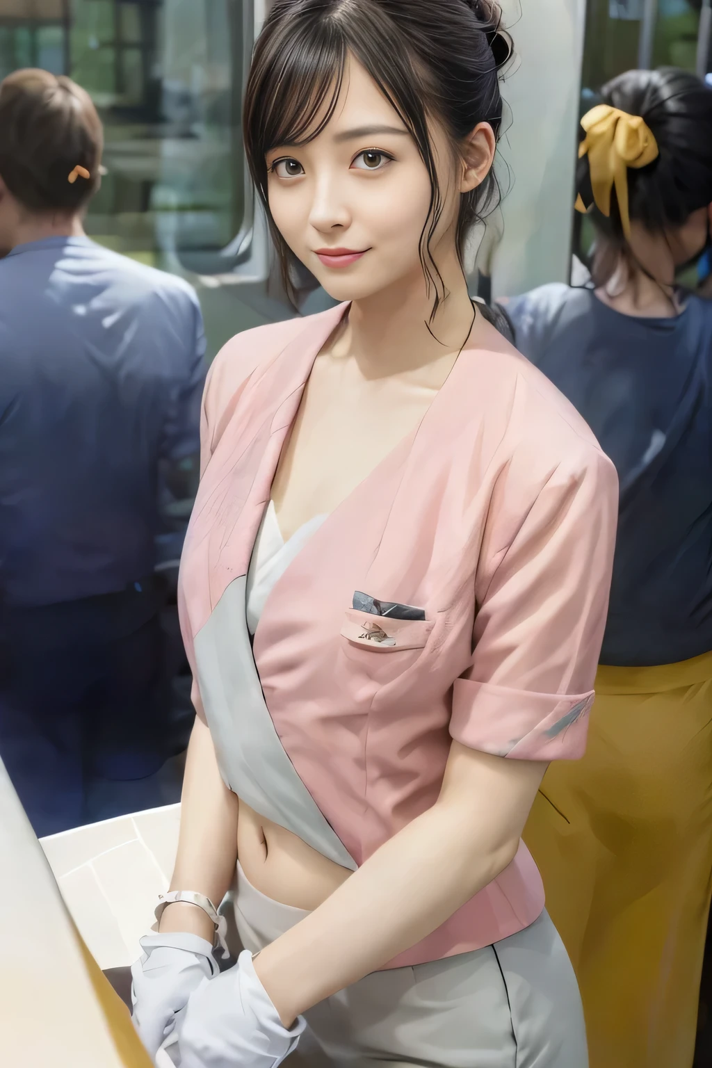 Showing your belly button、(masterpiece:1.2, Highest quality:1.2), 32k HDR, High resolution, (alone、1 girl)、 (Height: 160cm)、(On the rooftop of a building in the daytime、Professional Lighting)、Building rooftop background、(Nankai train crew uniform pinkを着たリアルスタイル)、(Nankai train crew uniform pink short sleeve collarless pink jacket、Nankai Train Crew Uniform Pink Collarless Short Sleeve Blouse、Nankai Train Crew Uniform Pink Grey Knee-length Culottes)、(The pink jacket is showing from the culottes.)、Dark brown hair、(Hair tied up、Hair tied up、Evening curly hairstyle)、Dark brown hair、Long Shot、Big Breasts、Thin legs、((Great hands:2.0)),((Harmonious body proportions:1.5)),((Normal limbs:2.0)),((Normal finger:2.0)),((Delicate eyes:2.0)),((Normal eyes:2.0)))、smile、(Nankai Train Crew Uniform Pink Grey Knee-length Culottesを見せた美しい歩く姿)、Place your hands around your stomach