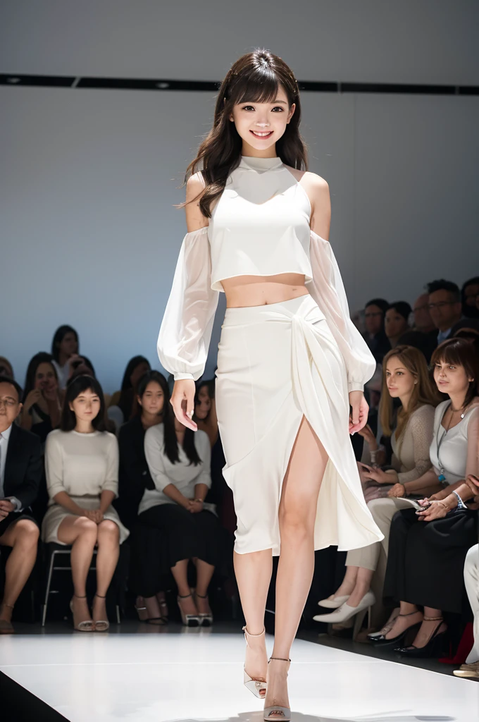 A plain, patternless white skirt with fine pleats sways gracefully.、Skirt is mini length、Sheer blouse、Walking towards me on the runway at a fashion show、The eyes are round and large.、A woman with a cute smile that shows her white teeth, a large bust, a small waist, and a slender figure.、White skin、Japanese woman with long wavy hair、A cute round-faced 20-year-old girl、Slim figure、Wearing high heels、A bright, photographic-quality image showing your entire body, from your high heels to your head、Walking towards me on the runway at a fashion show