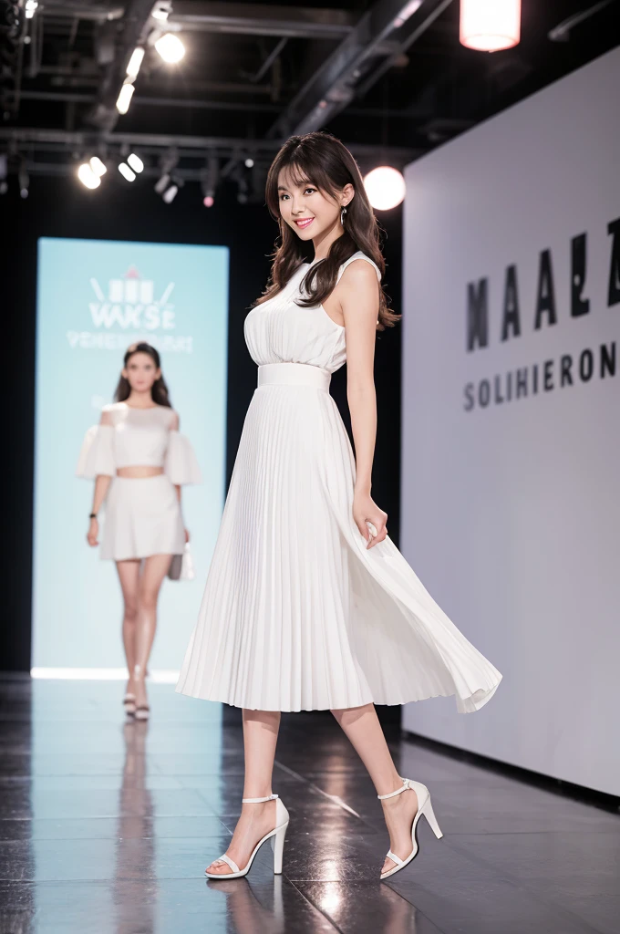 A plain, patternless white skirt with fine pleats sways gracefully.、Skirt is mini length、Sheer blouse、Walking towards me on the runway at a fashion show、The eyes are round and large.、A woman with a cute smile that shows her white teeth, a large bust, a small waist, and a slender figure.、White skin、Japanese woman with long wavy hair、A cute round-faced 20-year-old girl、Slim figure、Wearing high heels、A bright, photographic-quality image showing your entire body, from your high heels to your head、Walking towards me on the runway at a fashion show