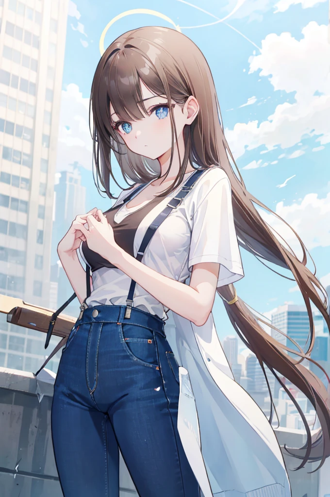 (Daytime, Excellent, 8K, Masterpiece:1.3)), Full body, Long legs, Focal length: 1.2, Perfect Body Beauty: 1.4, Slim Abs: 1.1, ((Dark Brown Hair, Big Breasts: 1.2 )), (White Skinny T-shirt, Denim Suspenders, Standing: 1.2), ((City, Blue Sky and White Clouds: 1.3)), Highly detailed face and skin texture, Detailed eyes, Double eyelids, Flying long hair