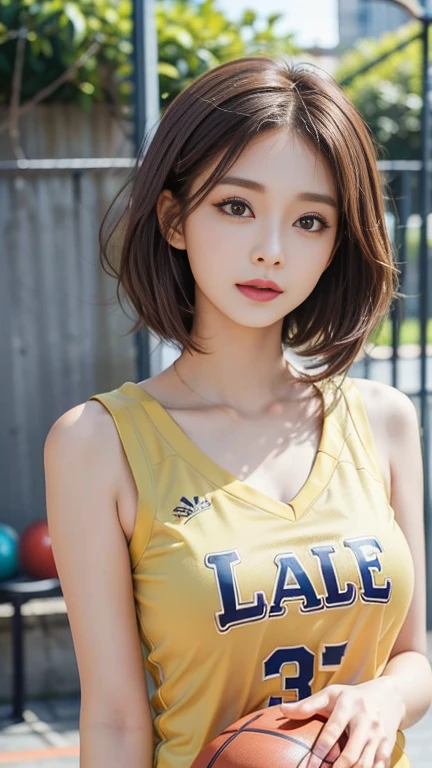 (original photo,4K,masterpiece,high resolution,very complicated)(Reality地:1.4),Movie《1 Girl》A girl with exquisite facial features, Single focus, Full body portrait,Summer Noon, play basketball,Basketball pose,Thermal Imaging, 1990s\(style\),White skin,(Maximum chest,cleveage), (best quality), (high resolution), (Extremely exquisite and beautiful),,(Beautiful 8k face),(Brown eyes),(ulzzang-6500:1.0),(Large ),(nffsw),(Basketball sportswear),((play basketball)),((Gym)),((speed)),(Reality),(Chiayi:1.5), closeup cleveage, masterpiece, Best quality, RAW photos, Reality地, face, Unbelievably ridiculous, butigal, cute, Short and delicate hair, Depth of Field, high resolution, Extremely detailed, Fine details, Very detailed, Extremely detailed的眼睛和脸部, Sharp pupils, 学生Reality, Focus, light