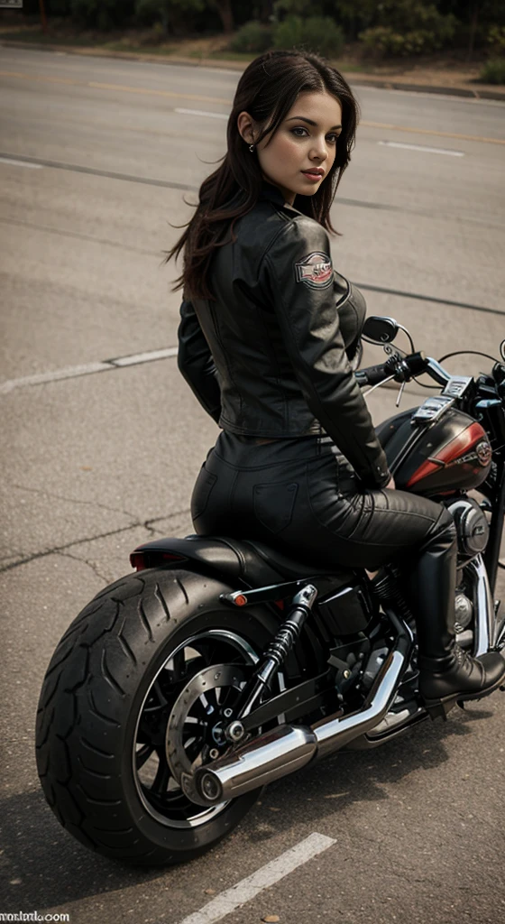 hot harley davidson biker girl sitting on a harley, great ass in tight pants