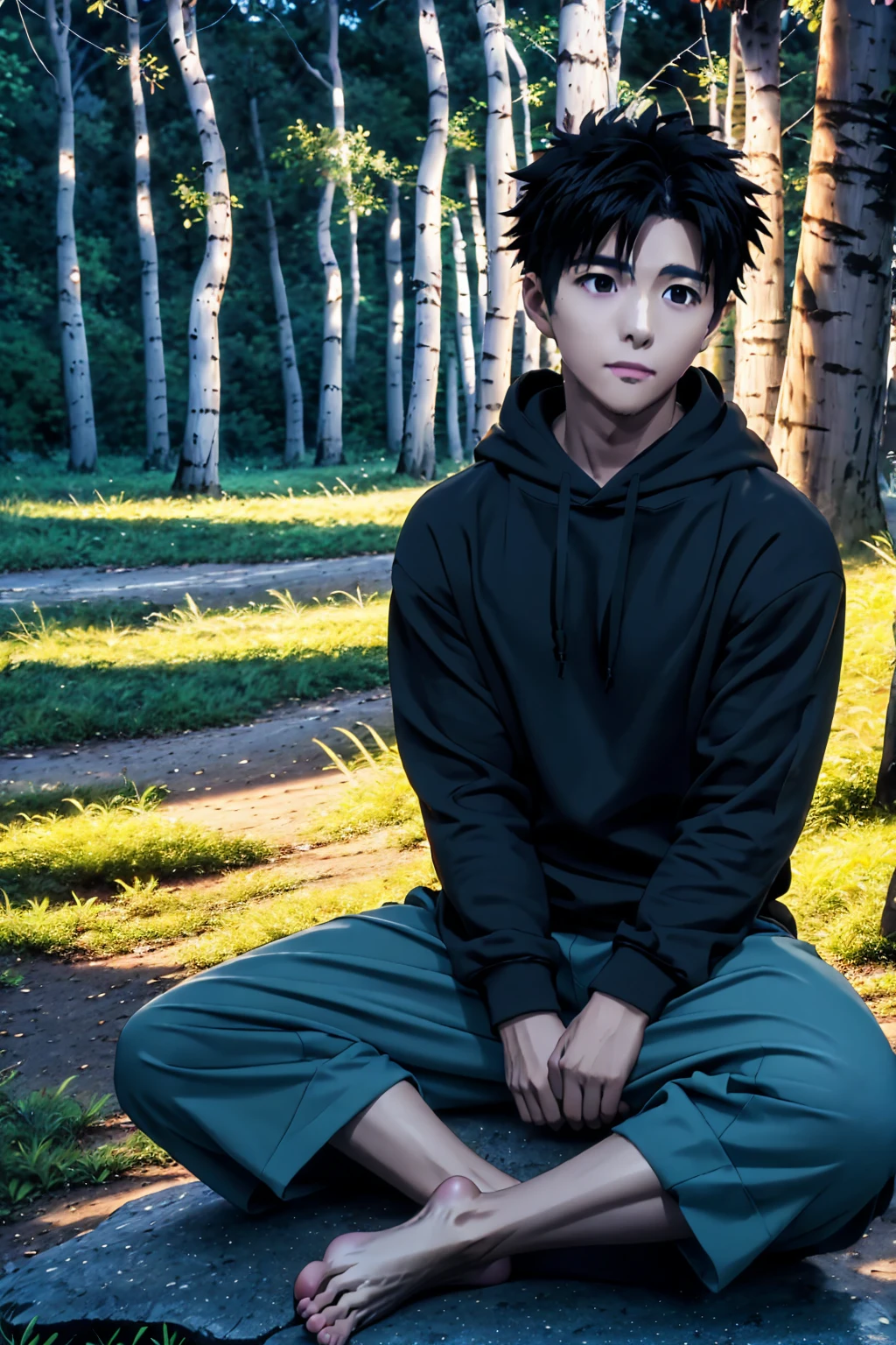 ((Highest quality)), ((masterpiece)), (detailed), Highest quality、High resolution、8K、Wearing a black hoodie、One adult male、33 years old、Dark Eyes、Slightly permed black hair、Japanese anime-like style、超High resolutionかわいい萌えアニメ8k、handsome face manly、Slender and muscular、barefoot、sitting on a stone、Spread your legs、night、Forest landscape、lake、darkness、Surrounded by lots of fireflieoonlight
