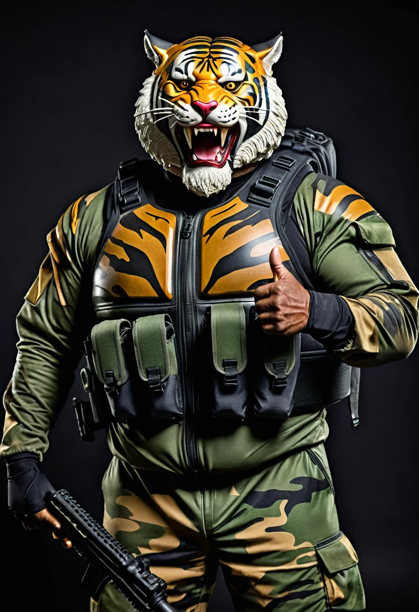 (a dark-skinned fat muscular bearded old man in a bulky army camouflage zipper diver suit) thumbs up, (wearing realistic roaring siberian tiger mask) and carrying a rifle on his back, muscular, Basuki Abdullah, sumatraism, action, a character portrait, heroic, fierce, snarling