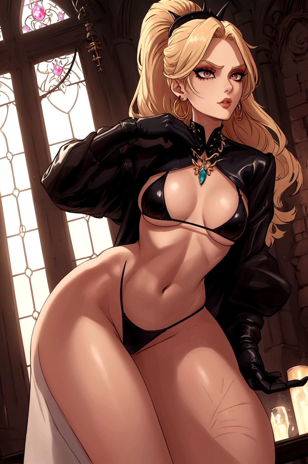 Whole body, Very tall, slim milf; demon queen; blonde hairs and incredible long ponytail; strong goth makeup; brown eyes; small firm,pointy breast; sensual midriff; wearing jewelery, necklace, earrings, transparent black bikini top, short leather jacket, visible fancy thong strings; gloves, highplatform clogs,rings, church, best quality, expressive eyes, perfect face, masterpiece, slim body, very long legs, detailed stomach, detailed hips, detailed legs, carefully drawn toes, carefully drawn feet, carefully drawn hands, best quality, drawn with careful, Dynamic Angle, Highly detailed, seductive eyes