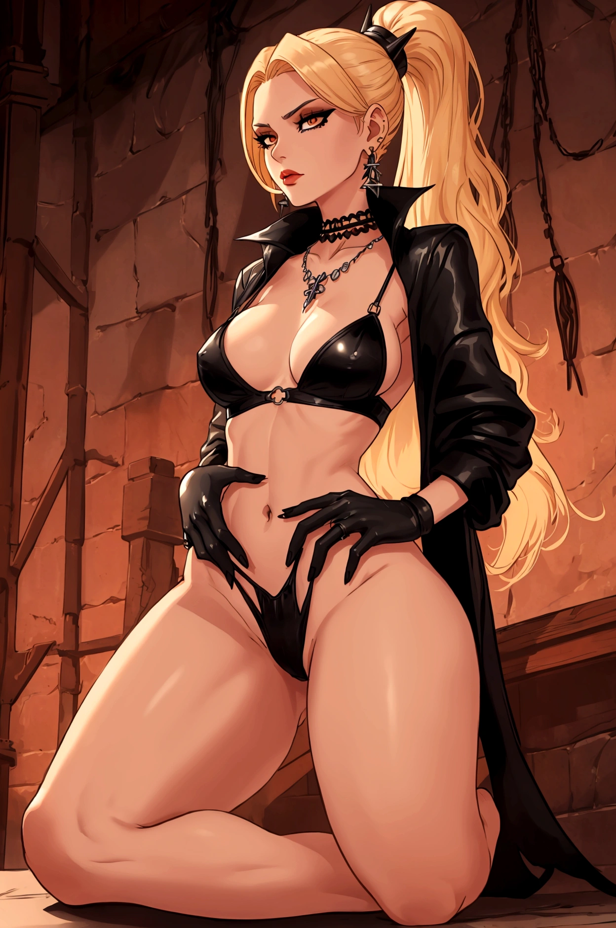 Whole body, Very tall, slim milf; demon queen; blonde hairs and incredible long ponytail; strong goth makeup; brown eyes; small firm,pointy breast; sensual midriff; wearing jewelery, necklace, earrings, transparent black bikini top, short leather jacket, visible fancy thong strings; gloves, highplatform clogs,rings, church, best quality, expressive eyes, perfect face, masterpiece, slim body, very long legs, detailed stomach, detailed hips, detailed legs, carefully drawn toes, carefully drawn feet, carefully drawn hands, best quality, drawn with careful, Dynamic Angle, Highly detailed, seductive eyes
