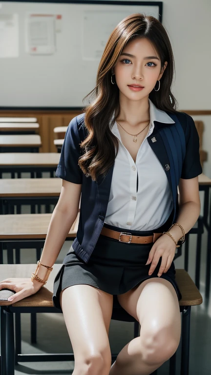 ((8K, high resolution,Masterpiece, best quality, alone, complicated details, Chromatic aberration), realistic, ((Big chests)), ((chest)), ((chest)), (chestหย่อนคล้อย.), hair in one eye, big round hoop earrings, Diamond choker, Gold Necklace, silver necklace, small watch, bangle, bracelet, bangleข้อเท้า, waist necklace, (symmetrical eyes),(Perfect symmetrical body), (Photo of a beautiful teenage girl in her 20s.), Beautiful and charming with contemporary fashion paintings as well....., looking at the audience, ((Behind the scenes of a large classroom)), (black short skirt), (((blue jacket., ((white short sleeve shirt, เปิดchest, โชว์chestของคุณ.), (open your shirt.), )), (เปิดchest), (chestหย่อนคล้อย.))), (()), (Long square leather belt buckle), ((Put your hands down.)), (Bob, medium length hair,big curls, Side flatness, Blonde hair, (There is a thin layer of hair covering the face.....)), sharp eyeliner, eyelid, Blush, have thick eyelashes, sharp eyes, purple eyes, pink cheeks, Very delicate and beautiful, round chin, Sharp focus, elegant, (sitting on the table reading a book..), (Sit with your legs apart..., free feet, Show off faded underwear), (), (Close-up full body photo, Saw black stilettos...) 

