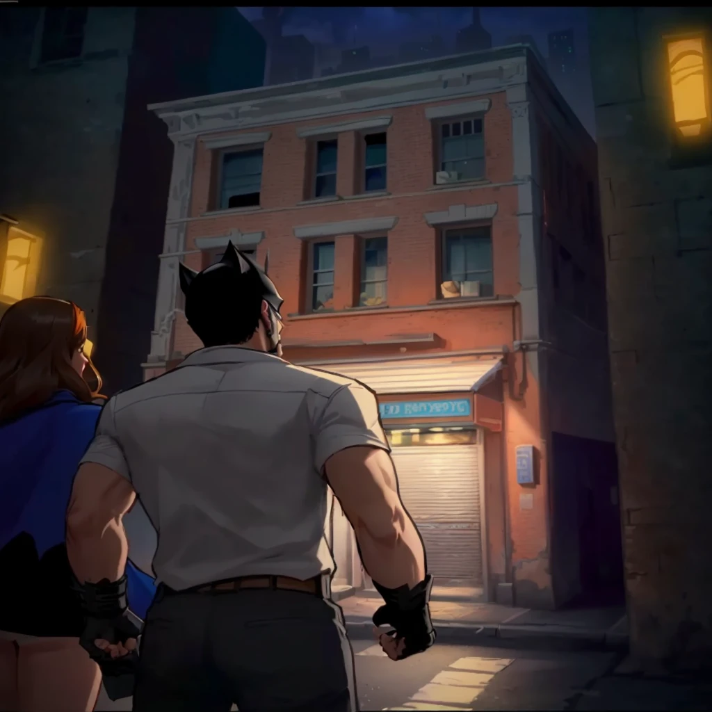 batman and catwoman in the city at night, cutscene, background artwork, video game cutscene, the wolf among us, point-and-click adventure game, video game screenshot>, traversing a shadowy city, screenshot from game, hero pose colorful city lighting, 2020 video game screenshot, town background, screenshot from the game, animated still
