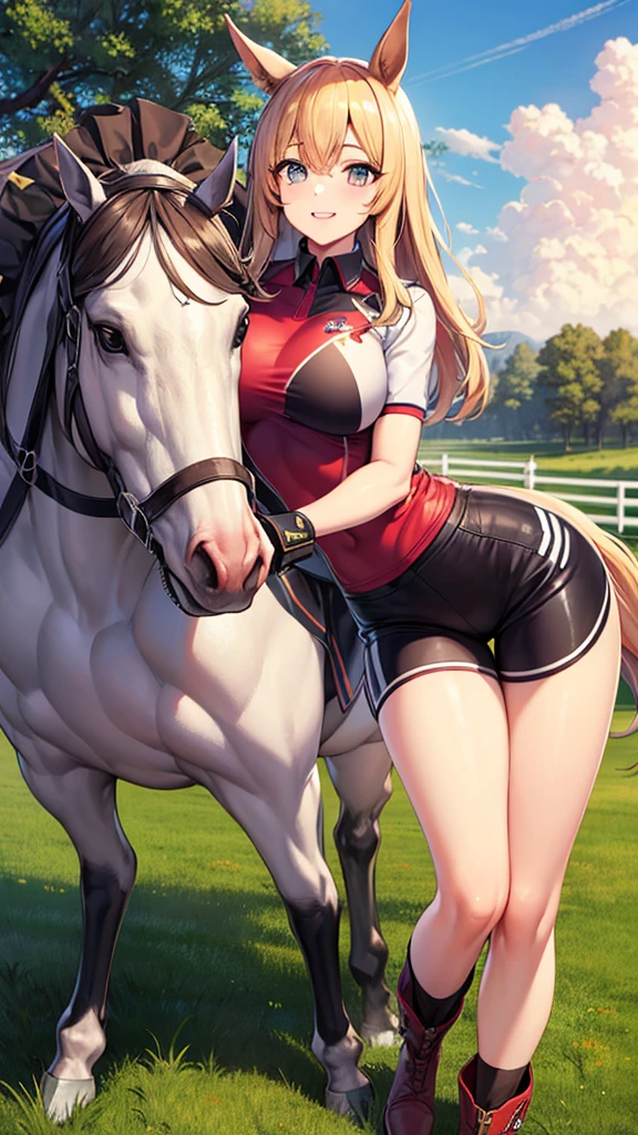 ((最high quality, 8K, masterpiece)), High resolution、(high quality: 1.5)、Very detailed、Detailed face、Bright colors、Natural light、Fine grain、Colorful eyes、Beautiful Face、非常にDetailed faceのテクスチャの女性,masterpiece, 最high quality, Detailed and beautiful eyes,最high quality、Best image quality、masterpiece、Mr.々Hairstyle,Just beautiful,mature female,独奏,smile,smile,(Fictional Horse Girl),(Fictional Horse Girlのデザイン),New Uma Musume design,skirt,Shorts,boots,accessories,Competition clothes,Horse ears,Horse tail,Posing,Supra-knee composition,field,truck,masterpiece,最high quality、so beautiful、High resolution,((Glamorous Body)))(masterpiece:1.2)、(最high quality:1.2)、Latest Glossy Skin