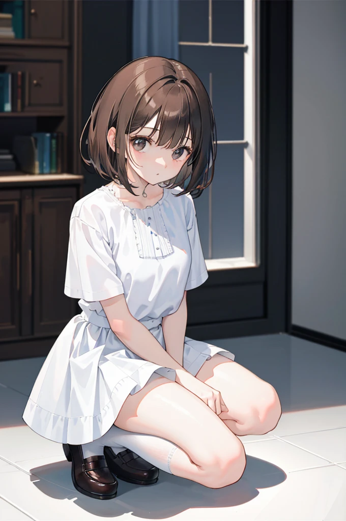 ｛｛｛｛｛One girl｝｝｝｝｝, Another Iwakura, brown eyes, Kamrein, white camisole, indoors, dark room