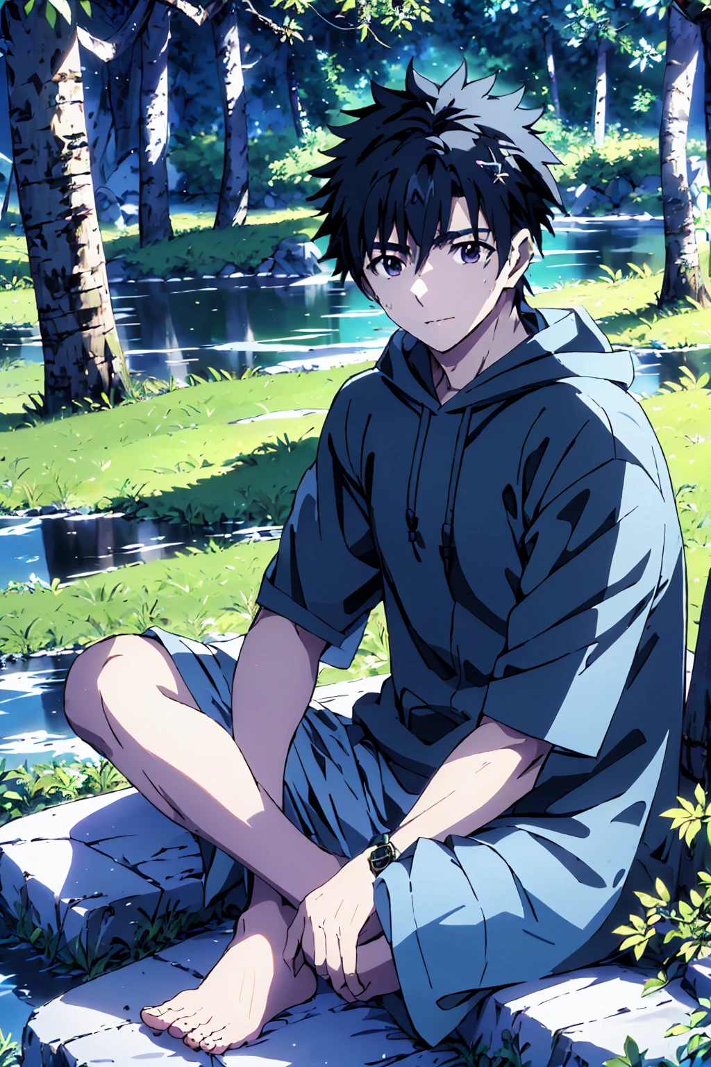 ((Highest quality)), ((masterpiece)), (detailed), Highest quality、High resolution、8K、Wearing a black hoodie、One adult male、33 years old、Dark Eyes、Black Hair、Japanese anime-like style、超High resolutionかわいい萌えアニメ8k、handsome face manly、Slender and muscular、barefoot、sitting on a stone、Spread your legs、night、Forest landscape、lake、darkness、Surrounded by lots of fireflieoonlight