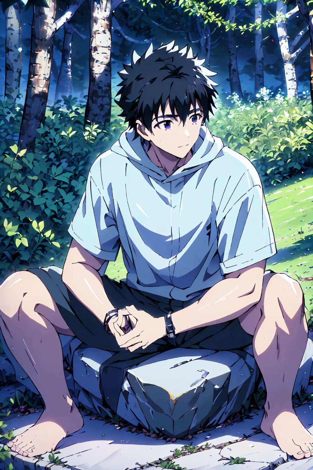 ((Highest quality)), ((masterpiece)), (detailed), Highest quality、High resolution、8K、Wearing a black hoodie、One adult male、33 years old、Dark Eyes、Black Hair、Japanese anime-like style、超High resolutionかわいい萌えアニメ8k、handsome face manly、Slender and muscular、barefoot、sitting on a stone、Spread your legs、night、Forest landscape、lake、darkness、Surrounded by lots of fireflieoonlight