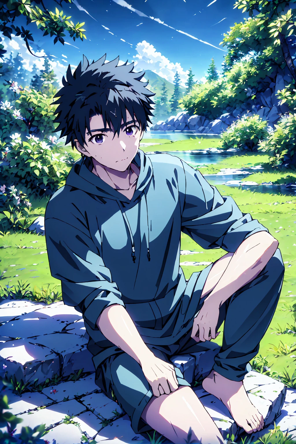 ((Highest quality)), ((masterpiece)), (detailed), Highest quality、High resolution、８K、Wearing a black hoodie、One adult male、33 years old、Dark Eyes、Black Hair、Japanese anime-like style、超High resolutionかわいい萌えアニメ8k、handsome face manly、Slender and muscular、barefoot、sitting on a stone、Spread your legs、night、Forest landscape、lake、darkness、Surrounded by lots of fireflieoonlight
