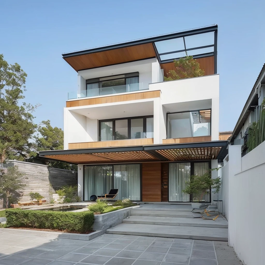 a view of a modern house with a large balcony and a staircase, overall architectural design, contemporary house, exterior design, inter dimensional villa, passive house, frontview, architecture award winning, contemporary architecture, complete house, urban house, concept house, modern house, neotraditional modern minimalist, modern architecture design, an architectural, pristine and clean design, lumion render, moden