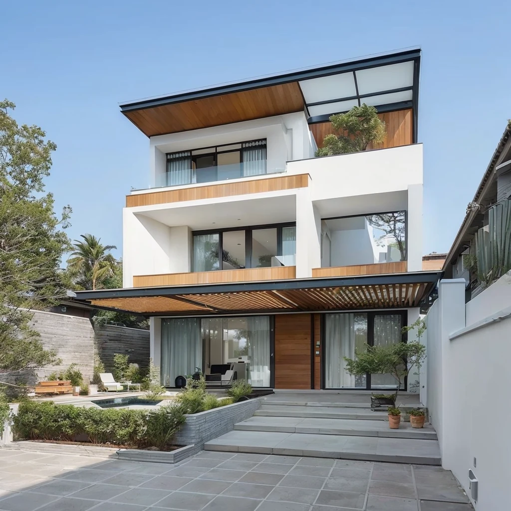 a view of a modern house with a large balcony and a staircase, overall architectural design, contemporary house, exterior design, inter dimensional villa, passive house, frontview, architecture award winning, contemporary architecture, complete house, urban house, concept house, modern house, neotraditional modern minimalist, modern architecture design, an architectural, pristine and clean design, lumion render, moden