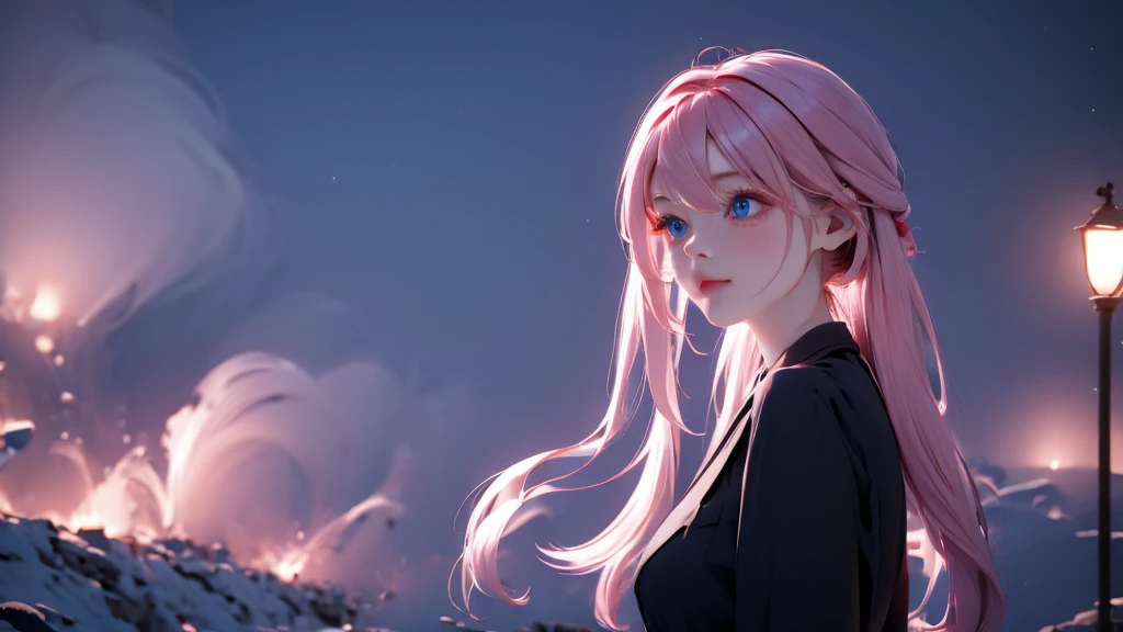 1 Girl , Girl medium light Pink hair, light blue eyes, wearing black suit 4D, night town , 18+ , high res, ultrasharp, 8K, masterpiece, looking from behind