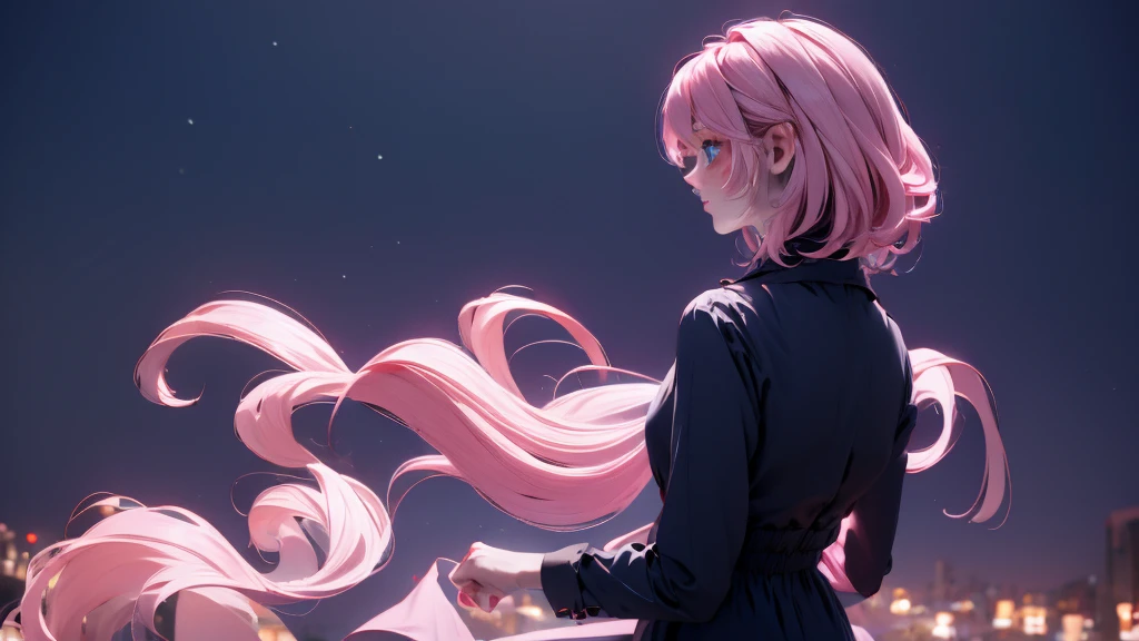 1 Girl , Girl medium light Pink hair, light blue eyes, wearing black suit 4D, night town , 18+ , high res, ultrasharp, 8K, masterpiece, looking from behind