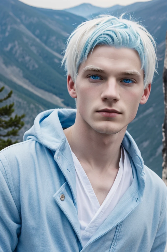 Homme petit, white and blue hair on a mountain, dressed in blue blue eyes, pale skin