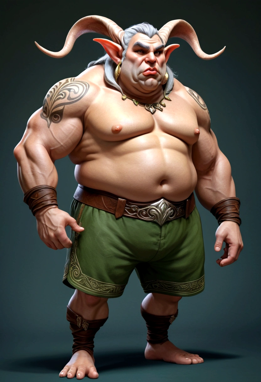long-eared elf, very fat, male gender, immense, giant, muscular, head proportional to the body, tongue out, prominent belly, dominant, shorts