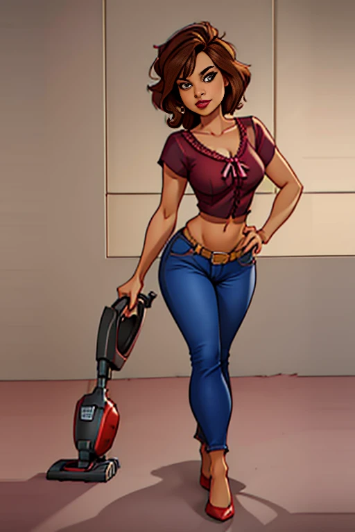 graphic novel illustration, photorealistic, full body of a beautiful young woman, long black hair, purple ball gag, strappado, bound wrists, bound breasts, bound ankles, bound knees, (bent over), nice black eyes, wearing a leather vest and a white shirt, wearing blue jean shorts with a brown belt and brown stilletto heeled boots, intricate details, cinematic lighting, amazing quality, amazing shading, soft lighting, detailed Illustration, wallpaper masterpiece, best quality, perfect hands, inside a garage, bound with natural ropes, looking at viewer, (from side)
