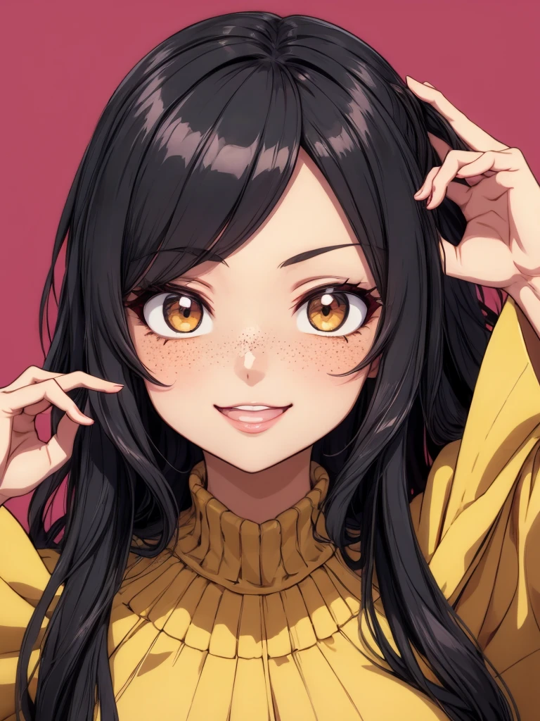 masterpiece, Highest quality, {Highest quality}, {{masterpiece}}, {High resolution}, concentrated, Anime Style, Woman cartoon closeup, Girl Design, Portraiture, Gisha, Anime Images, Long Hair, Black Hair, Straight eyes, Hair covering the ears, Happy, Sophisticated and powerful appearance, exotic, expensive, freckles, smile, chic, colorful, color  