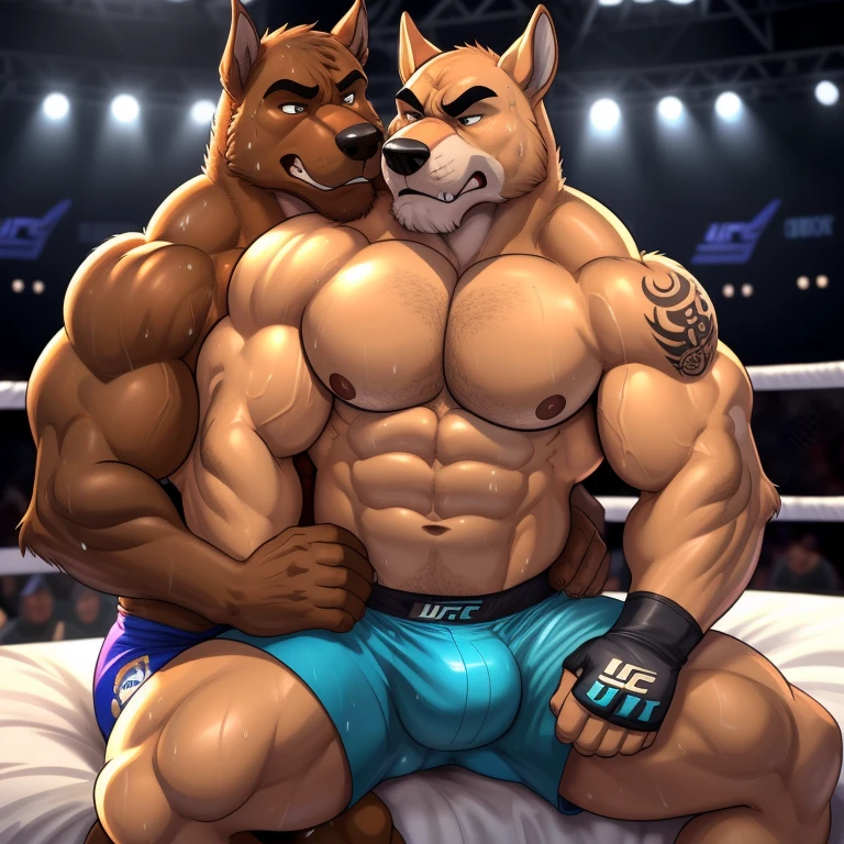 Duo male(Brown Dog vs Brown Dog, handsomes, Thick eyebrows), gay(cuddling embraced from behind, Back on body, sitting on his legs, on a bed match), hot(Shirtless), handsomes(They are handsomes, correct anatomy), musculosos(Big muscle bodies, Six packs, muscle abs, big pecs, muscle backs, muscle legs), sweaty(very sweaty wet bodies, shiny sweat), tatuajes(they have tattoos), Grumpy(Both have an grumpy expression, growling, steaming breath), UFC gloves(They both are wearing red UFC gloves), UFC boxers(They both are wearing boxers), Hight resolution, by(Zourik:1.1)
