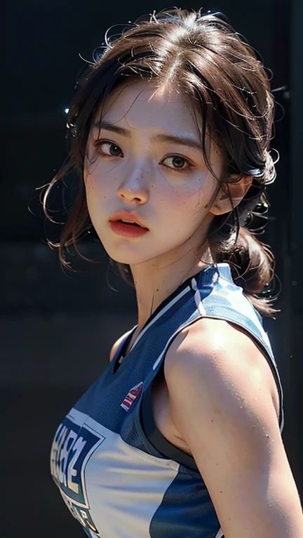 quality, Ultra-high resolution, (Realistically: 1.4), 8K resolution, (Woman in basketball uniform), (Random Hair: 1.3), (Realistically的头发: 1.2), (Realistically的眼睛: 1.2), (Beautiful face: 1.3), (), (Moist skin: 1.2),(Dynamic Angle:1.5),(frown),(Full Body Love),(From the front),(crime),