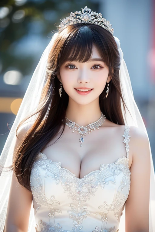 (A gorgeous Chinese lady, age 28, wearing extravagant huge wedding dress, perfect lace, luxurious giant tiara, extravagant giant necklace, waiting in snowy Chengdu, friendly and kind expression, gentle smile, dimpled smile, cute snaggle-tooth, Korean Bob Haircut Side-Bangs-Sophistication, beautiful detailed face, bright_and_full_of_warmth_eyes, beautiful detailed eyes, ample round bosom, photorealistic, hyper-realism, high contrast, ultra HD, realistic skin textures, top image quality, top-quality, super high resolution, fine details, very meticulously, masterpiece, head to waist, the Cowboy shot, romantic atmosphere, bokeh background)
