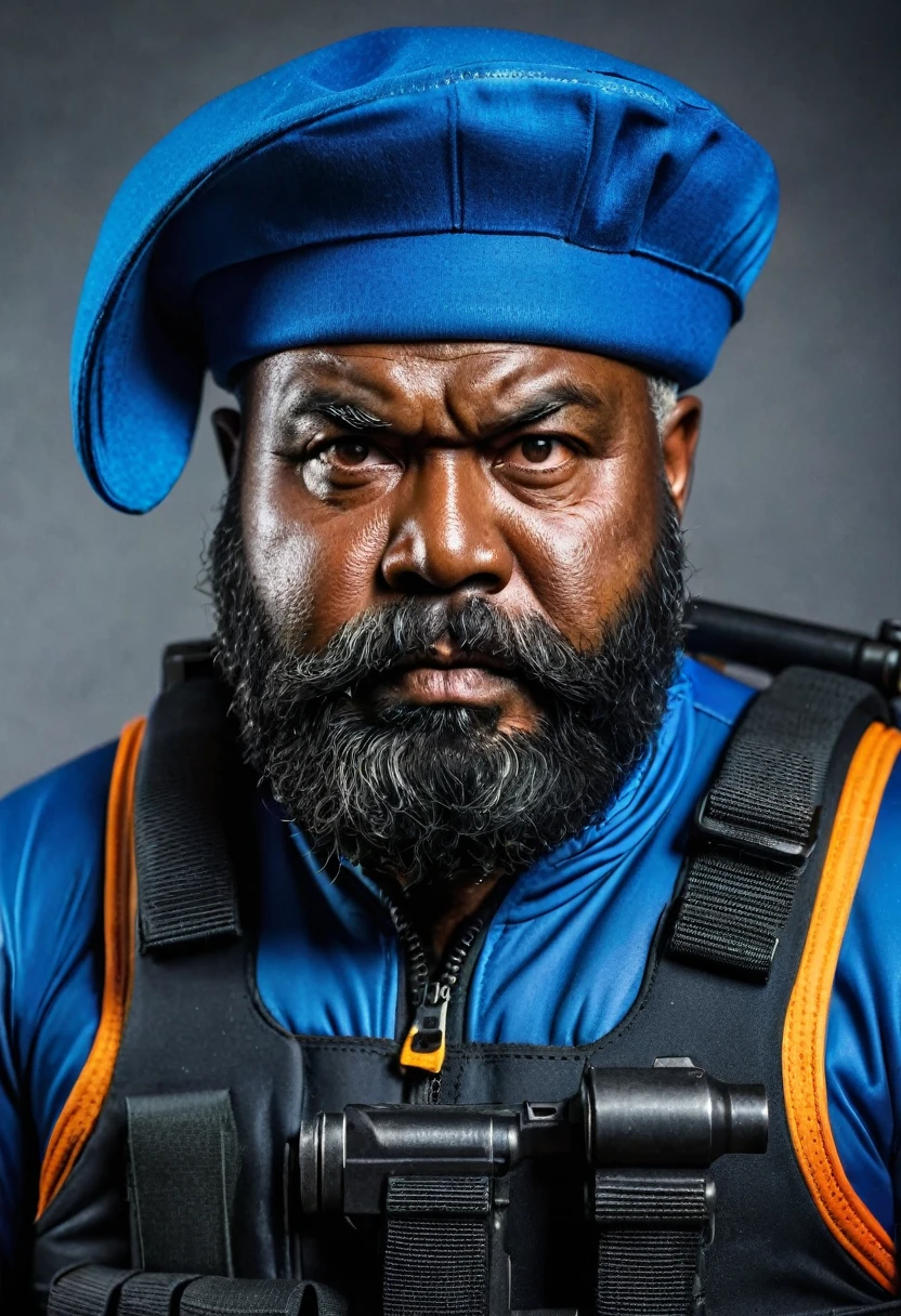 (a dark-skinned bearded fat old man in a bulky blue zipper diver suit) holding a gun and (wearing army beret on his head), muscular, Basuki Abdullah, sumatraism, action, a character portrait, heroic, fierce, furious