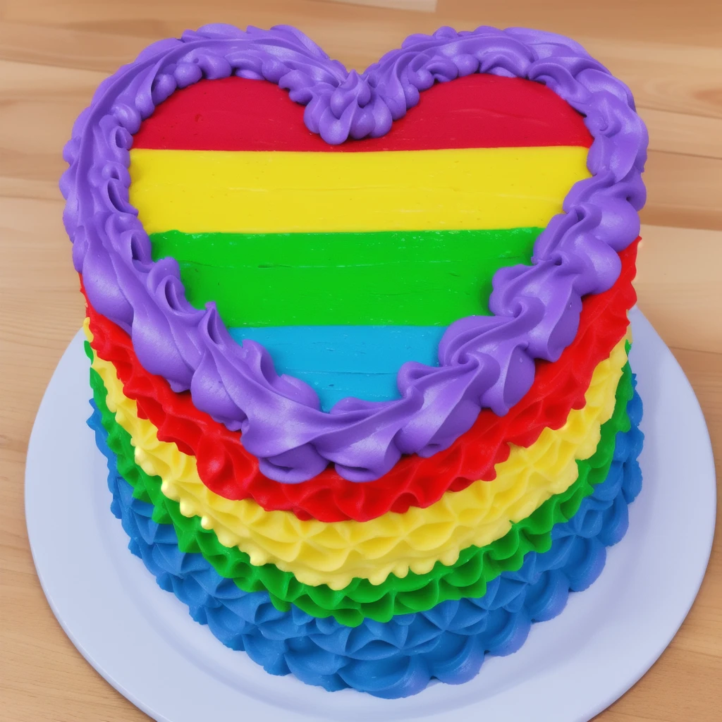 on a wooden table, there is a white plate with a heart-shaped cake, rainbow cream heart cake. star shaped cream, multi-colored heart on top, decorated with purple cream, cream with highlights, view from above, Beautiful light from the window, beautiful lighting, Realistic style, realistic textures, high quality, high detail, detailed textures, ultra 4k hd, macro photography