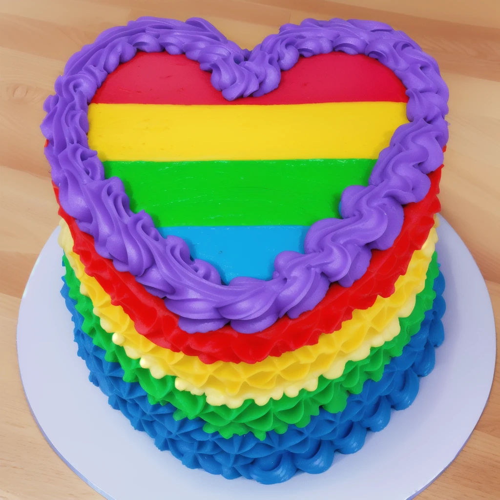 on a wooden table, there is a white plate with a heart-shaped cake, rainbow cream heart cake. star shaped cream, multi-colored heart on top, decorated with purple cream, cream with highlights, view from above, Beautiful light from the window, beautiful lighting, Realistic style, realistic textures, high quality, high detail, detailed textures, ultra 4k hd, macro photography