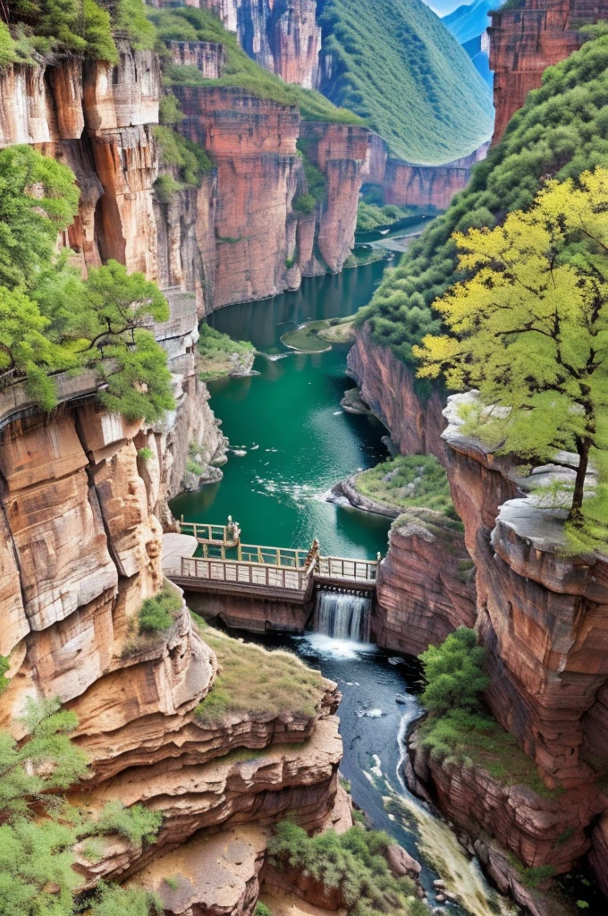 a view of a river running through a canyon surrounded by trees, Unbelievably beautiful, baotou china, Beautiful nature, ( Visually stunning, qiangshu, Beautiful images, The above points, Waterfalls and lakes, canyon, Very extremely beautiful, Stunning sight, scenery is beautiful, Xianxia, By An Zhengwen, very scenery is beautiful, 山中canyon