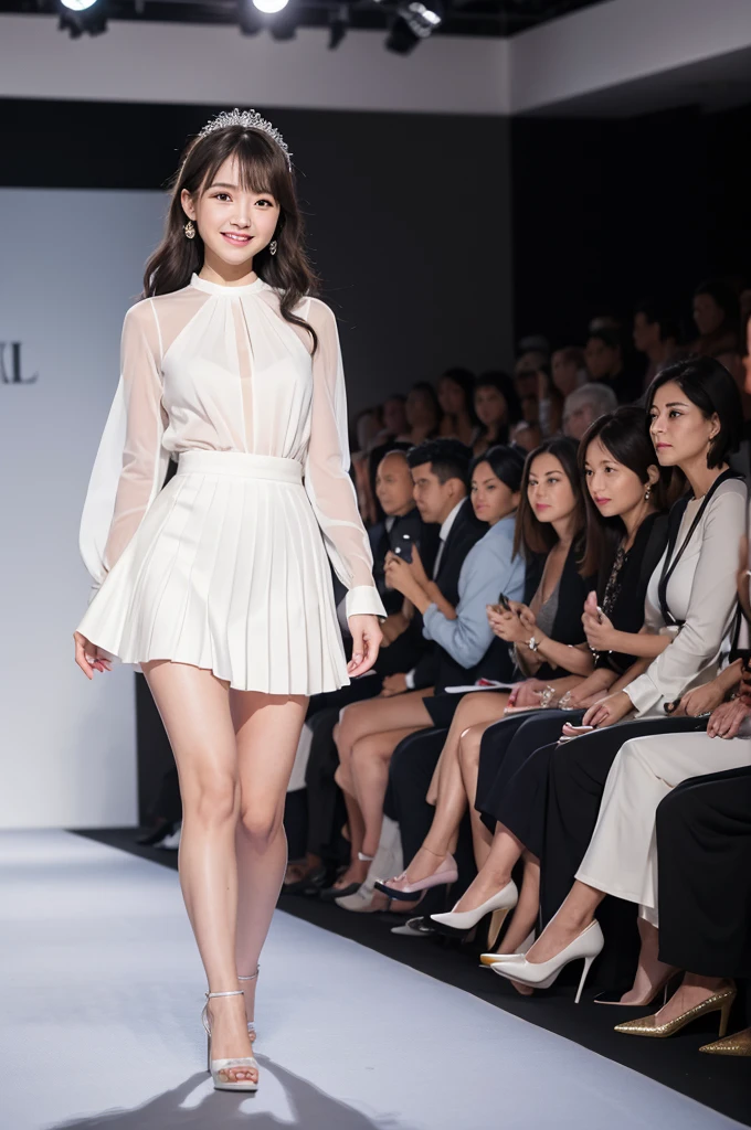 A plain, patternless white skirt with fine pleats sways gracefully.、Skirt is mini length、Sheer blouse、Walking towards me on the runway at a fashion show、The eyes are round and large.、A woman with a cute smile that shows her white teeth, a large bust, a small waist, and a slender figure.、White skin、Japanese woman with long wavy hair、A cute round-faced 20-year-old girl、Slim figure、Wearing high heels、A bright, photographic-quality image showing your entire body, from your high heels to your head、Walking towards me on the runway at a fashion show