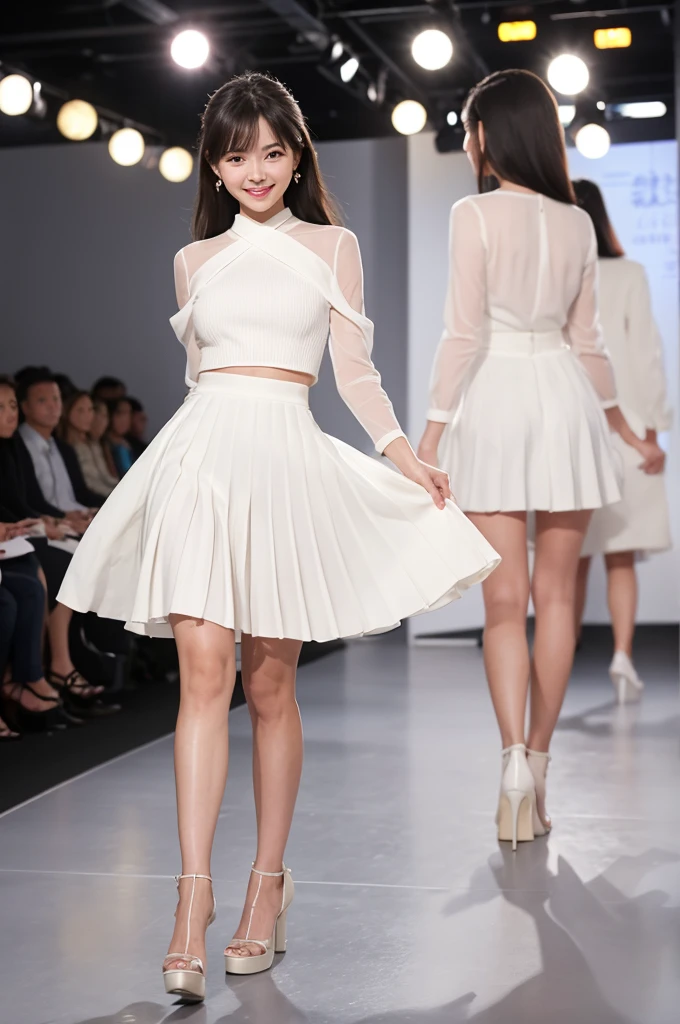 A plain, patternless white skirt with fine pleats sways gracefully.、Skirt is mini length、Sheer blouse、Walking towards me on the runway at a fashion show、The eyes are round and large.、A woman with a cute smile that shows her white teeth, a large bust, a small waist, and a slender figure.、White skin、Japanese woman with long wavy hair、A cute round-faced 20-year-old girl、Slim figure、Wearing high heels、A bright, photographic-quality image showing your entire body, from your high heels to your head、Walking towards me on the runway at a fashion show