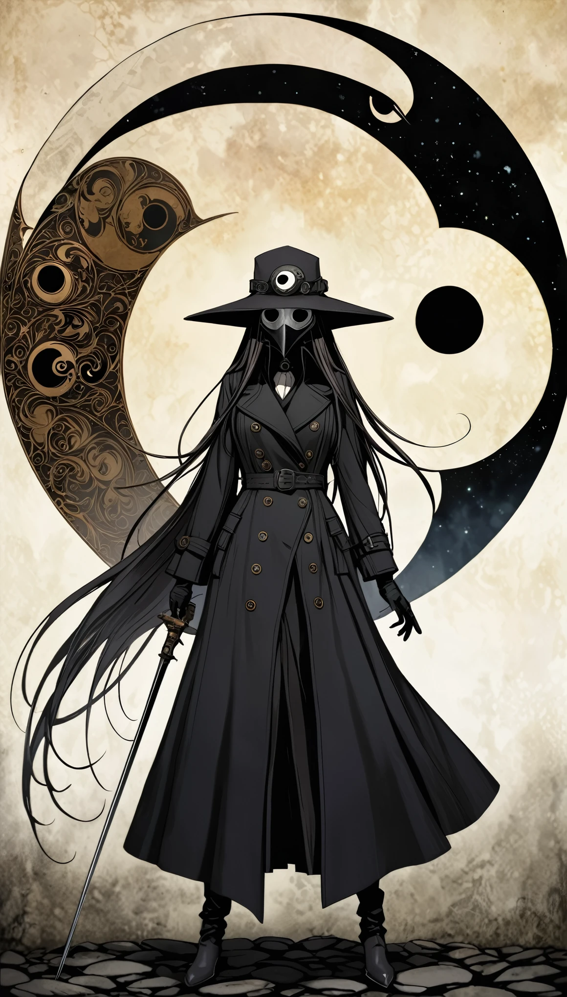 (in style of John Bauer:0.5),in style of Santiago Caruso,
((masterpiece, best quality)),(illustration),(detailedLight),(Extremely exquisite and beautiful:1.4),1 Girl,plague_doctor_mask,Black long trench coat,(yin_yang_print:1.4),Long hair,Silver long hair,Dark shadows,