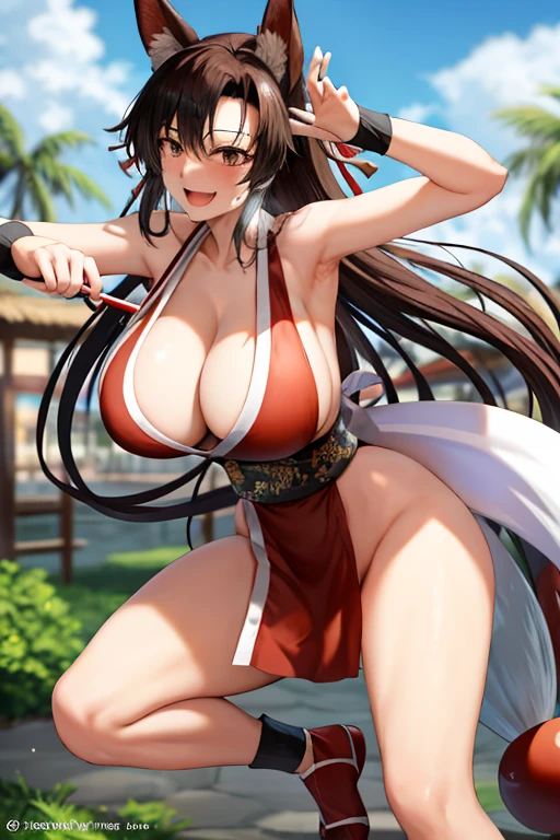 masterpiece, best quality, beautiful art, high resolution, well formed hands, body and fingers, 1 woman, solo, Imaizumi Kagerou, wolf ears and wolf tail, grown up, cosplaying as Mai Shiranui , mai_shiranui_cosplay, adult, large and round breasted, cleavage full body, hair ribbon, gorgeous legs and, thighs, sexy Japanese clothes, hair ornament , sexy legs , hips and thighs,fighting in a combat match, showing her fighting skills, making her guard, about to hit the viewer, looking at the viewer, sweating, bouncing breasts, smiling joyfully and brightly, being confident and proud, action and fighting scene, martial arts arena with beach environment