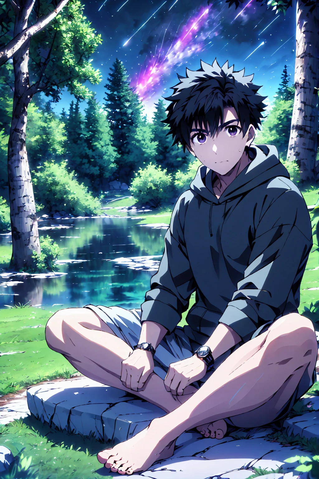 ((Highest quality)), ((masterpiece)), (detailed), Highest quality、High resolution、8K、Wearing a black hoodie、One adult male、33 years old、Dark Eyes、Slightly permed black hair、Japanese anime-like style、超High resolutionかわいい萌えアニメ8k、handsome face manly、Slender and muscular、barefoot、sitting on a stone、Spread your legs、night、Forest landscape、lake、darkness、Surrounded by lots of fireflieoonlight