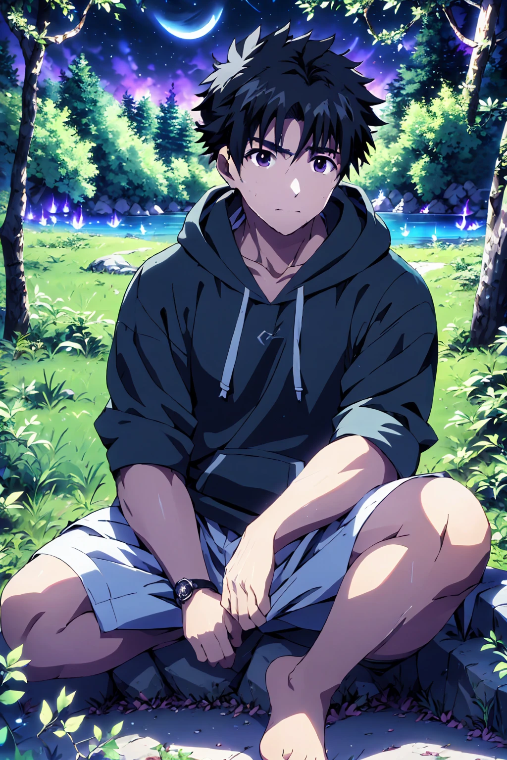 ((Highest quality)), ((masterpiece)), (detailed), Highest quality、High resolution、８K、Wearing a black hoodie、One adult male、33 years old、Dark Eyes、Slightly permed black hair、Japanese anime-like style、超High resolutionかわいい萌えアニメ8k、handsome face manly、Slender and muscular、barefoot、sitting on a stone、Spread your legs、night、Forest landscape、lake、darkness、Surrounded by lots of fireflieoonlight