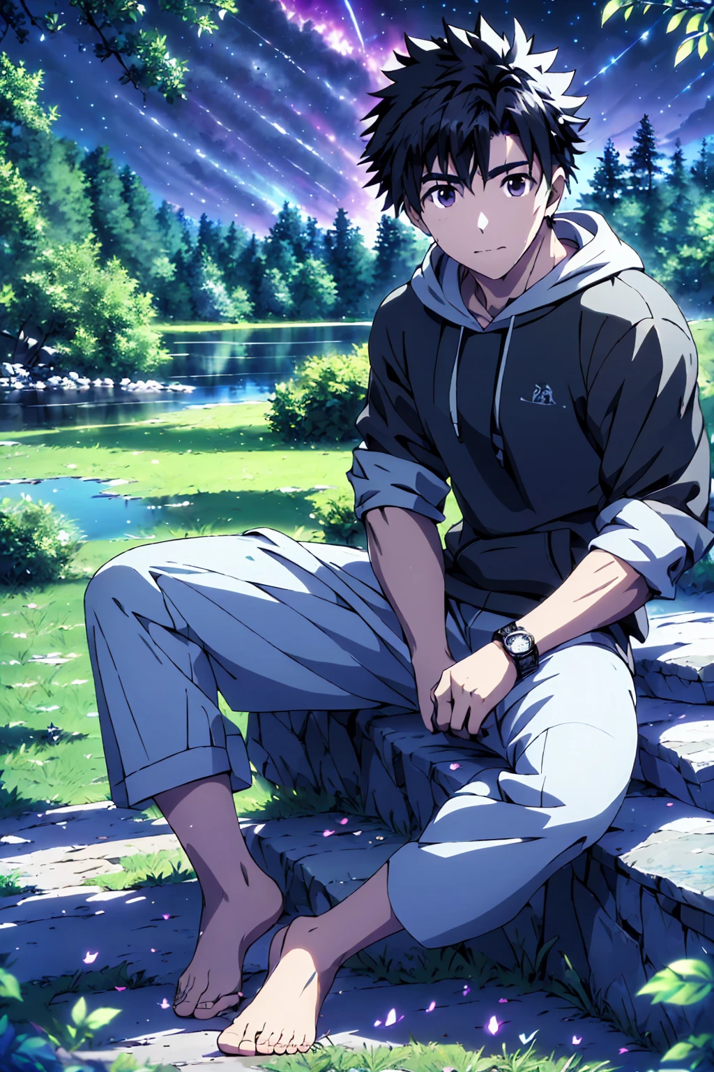 ((Highest quality)), ((masterpiece)), (detailed), Highest quality、High resolution、8K、Wearing a black hoodie、One adult male、33 years old、Dark Eyes、Slightly permed black hair、Japanese anime-like style、超High resolutionかわいい萌えアニメ8k、handsome face manly、Slender and muscular、barefoot、sitting on a stone、Spread your legs、night、Forest landscape、lake、darkness、Surrounded by lots of fireflieoonlight