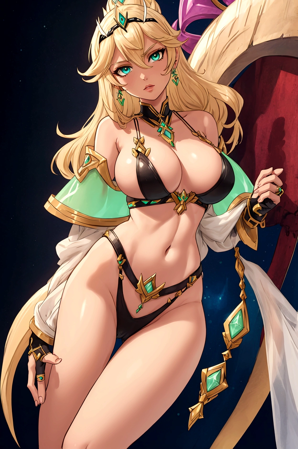 Mythra from xenoblade, milf; blonde hairs and incredible longl; strong makeup; sensual midriff; wearing jewelery, necklace, earrings, bikini top, short leather jacket, visible fancy thong strings; gloves, clogs ,rings, best quality, expressive eyes, perfect face, masterpiece, slim body, very long legs, detailed stomach, detailed hips, detailed legs, carefully drawn toes, carefully drawn feet, carefully drawn hands, best quality, drawn with careful, Dynamic Angle, Highly detailed, seductive eyes