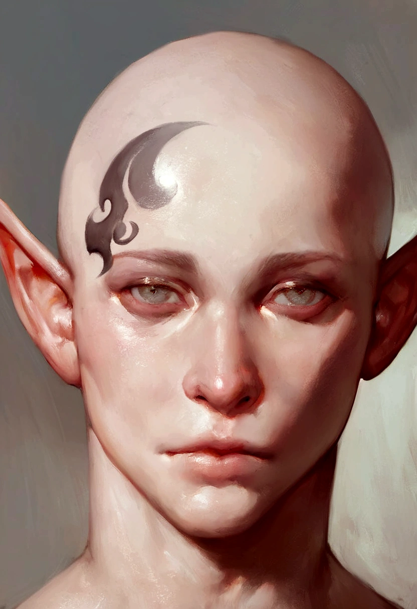 score_9, score_8_up, score_7_up, Portrait of a young male albino elf, with bald head and black tattoos and eye, oil painting, close to face, portrait, teenager