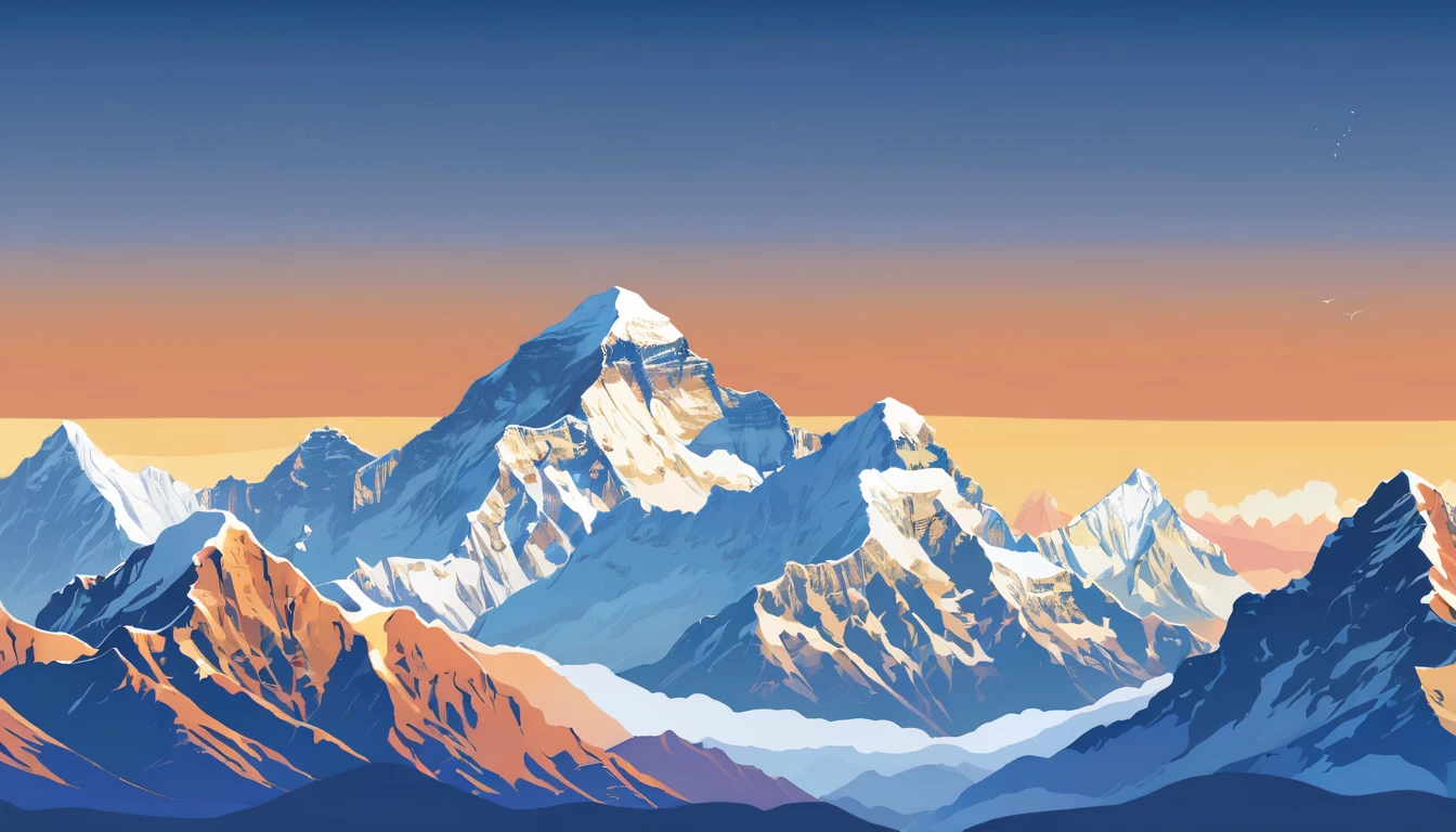 ((high resolution: 1.1))Himalayas，Snowy，The sky is magnificent。Wide panorama，high resolution、High Definition，Cool colors，Flat Wind，Minimalist illustration，Vector。((high resolution: 1.1))Illustration of a snow mountain range in the vector, using simple shapes and a 2D flat, vector artwork features beautiful colors with a blue sky and orange sunset, peaks, capped, covered, resembling a view, Mount Everest，Flat Wind，Minimalist illustration，Vector。