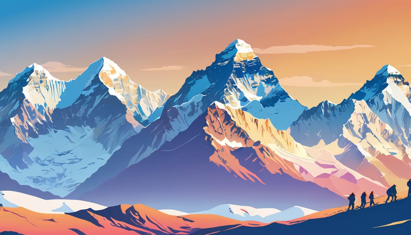 ((high resolution: 1.1))Himalayas,Snowy,The sky is magnificent。Wide panorama,high resolution、High Definition,Cool colors,Flat Wind,Minimalist illustration,Vector。((high resolution: 1.1))Illustration of a snow mountain range in the vector, using simple shapes and a 2D flat, vector artwork features beautiful colors with a blue sky and orange sunset, peaks, capped, covered, resembling a view, Mount Everest,Flat Wind,Minimalist illustration,Vector。