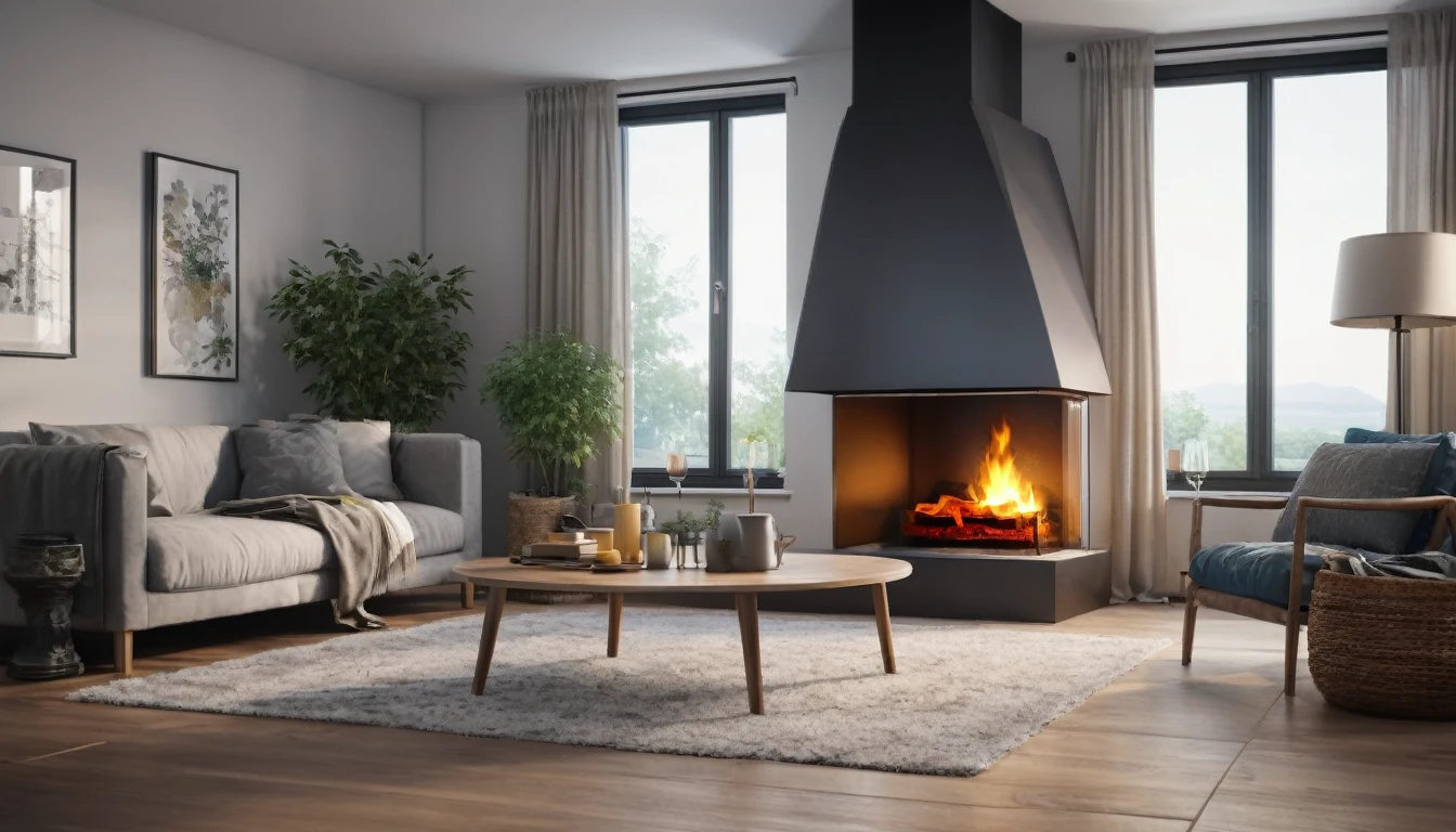 An image of a room with a lit fireplace, PICTURE REALISTIC, high resolution, 8K