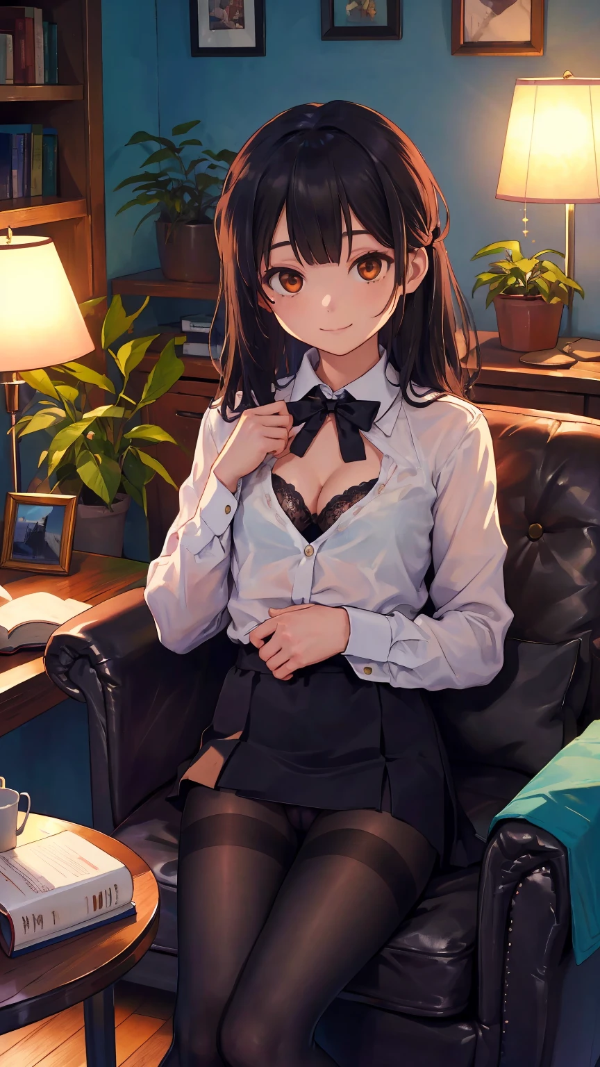 (cowboy shot:1.3),(best quality), ((masterpiece)), (highres), illustration, original, extremely detailed,dbj,1girl, (Miyu Edelfelt),,cameltoe,black hair,brown eyes,expressionless,book, pantyhose, long hair, shirt, no shoes, sitting, cat, plant, brown eyes, solo, underwear, indoors, bow, bookshelf, potted plant, bra, breasts, bowtie, white shirt, looking at viewer, black hair, black pantyhose, chair, smile, wooden floor, dress shirt, no pants, thighband pantyhose, armchair, lamp, long sleeves, sparkle, black bra, collared shirt, cleavage, bangs, small chest,couch,